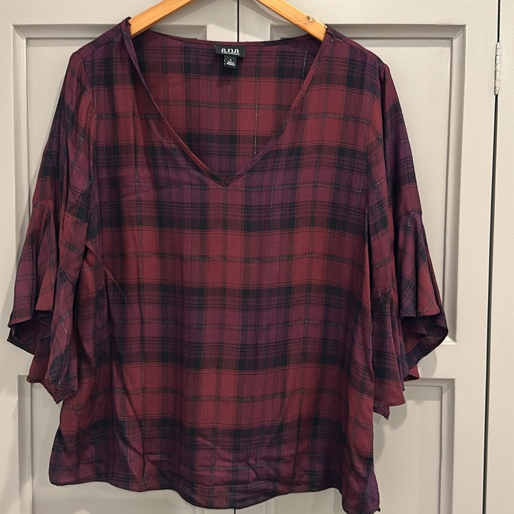 a.n.a Burgundy Plaid V-Neck Blouse